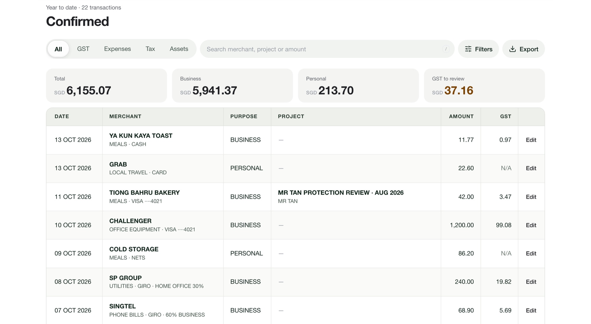 Tallycent: confirmed receipts with business, personal and GST totals